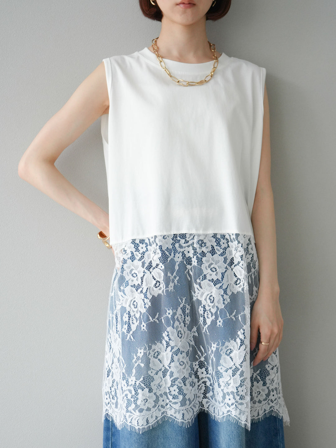 [予約]レース切替ノースリトップス/ホワイト