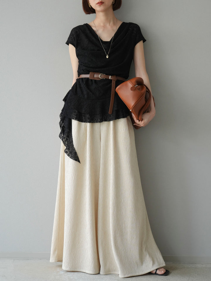 [予約]ベルト付ドレープデザインレーストップス/ブラック