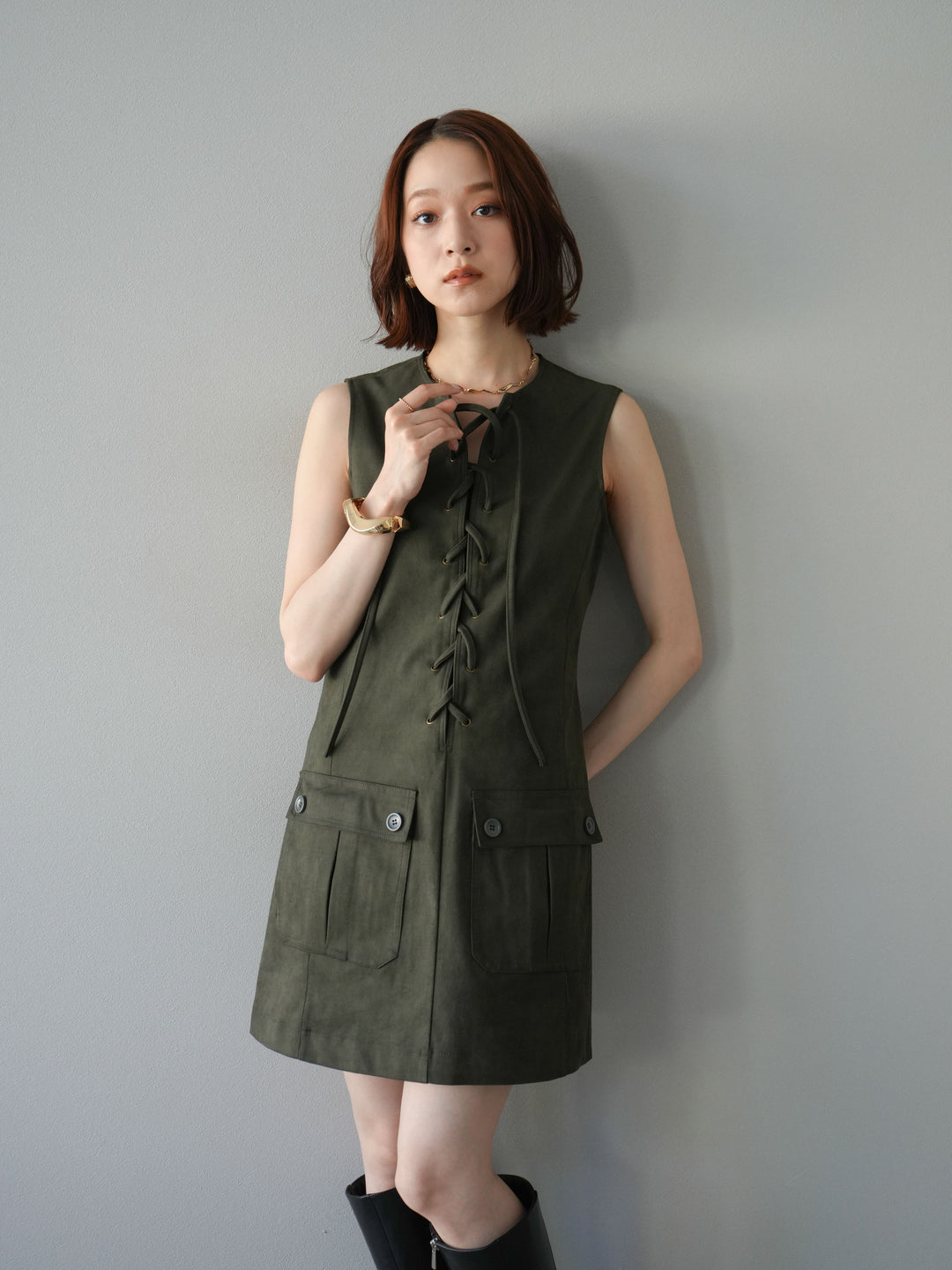 [予約]レースアップスエードミニワンピース/カーキ