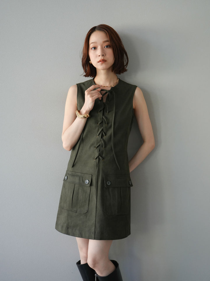 [予約]レースアップスエードミニワンピース/カーキ