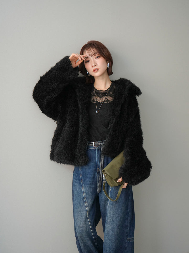 [SET]フェイクファー襟付きショートブルゾン+チュールレーストップス(2set)