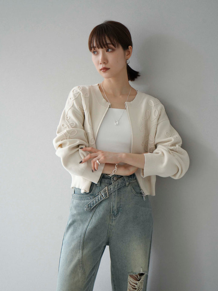 [SET]コード刺繍コットンニットジップカーディガン+ダブルストラップカットリブブラキャミソール+ベルトアシンメトリーダメージデニム(3set)