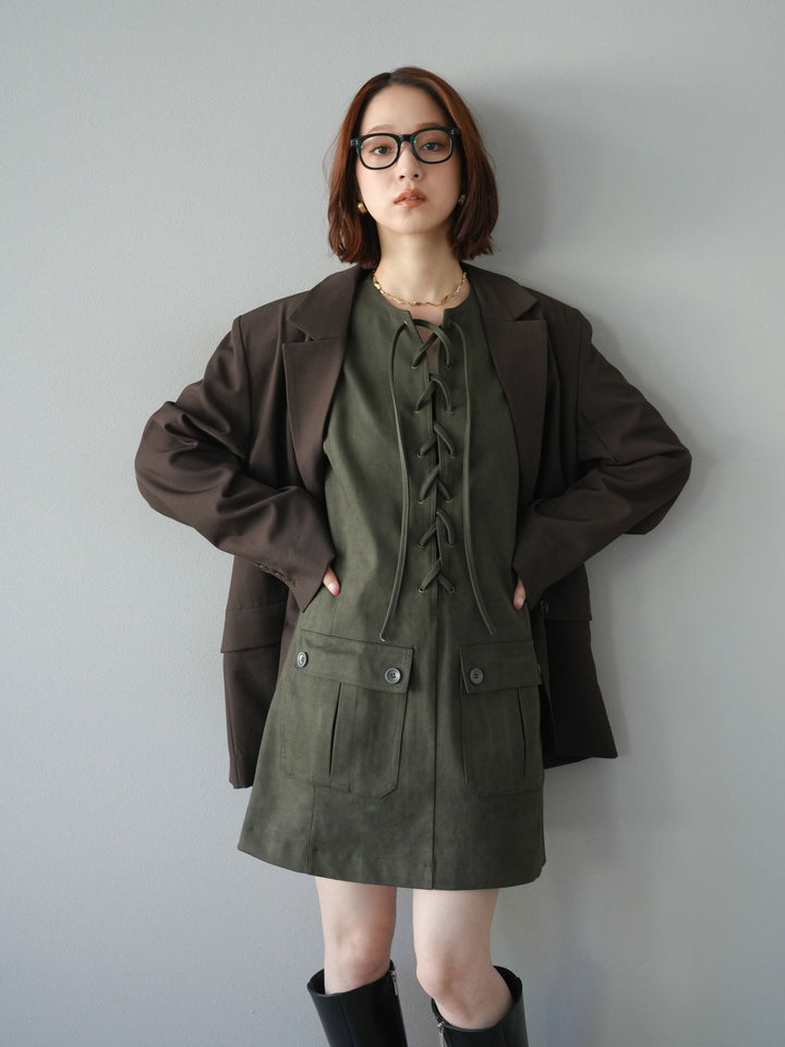 [予約]レースアップスエードミニワンピース/カーキ