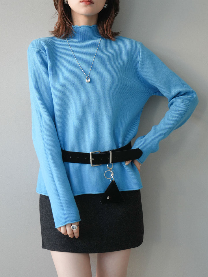 [予約]ボトルネック裾カールリブニットトップス/blue