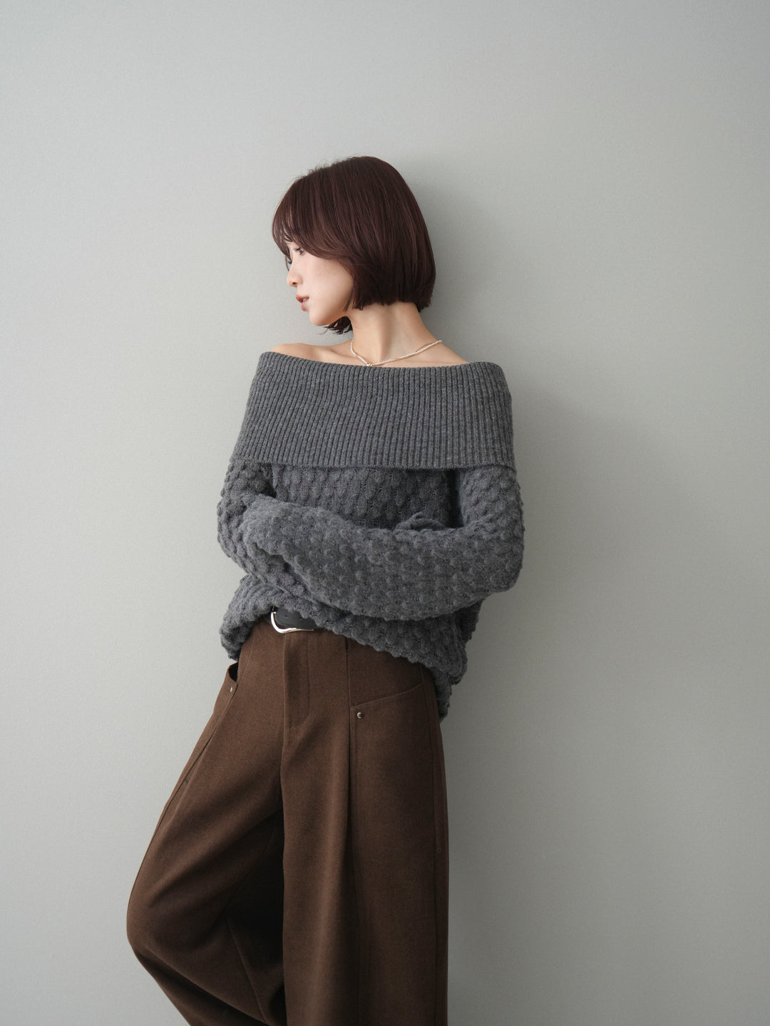 [予約]ポコポコ編みオフショルニットプルオーバー/gray