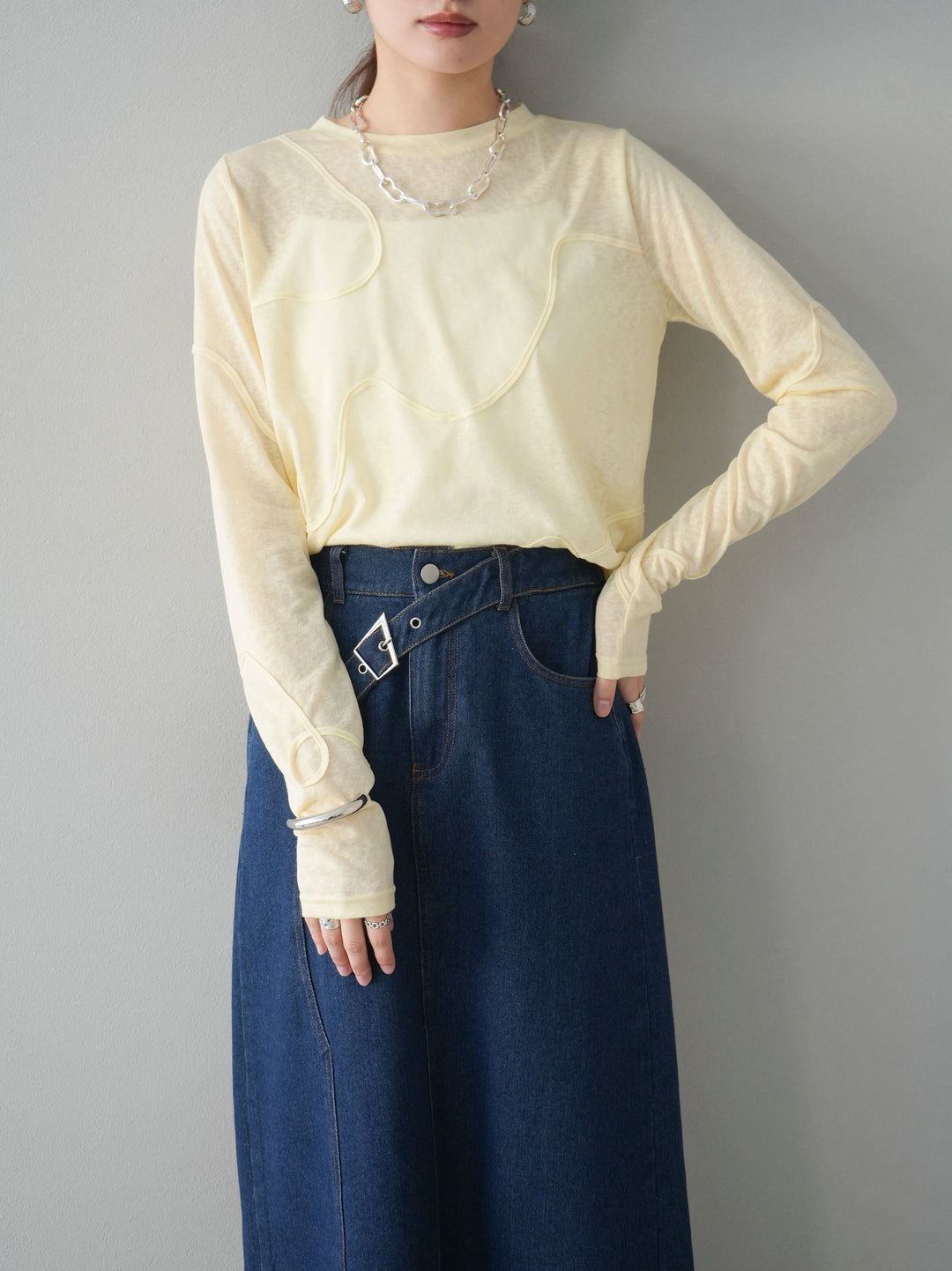 [預購] 繩繡透視長袖T卹 / 黃色