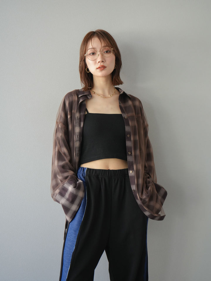 [套裝] 薄紗對接格紋寬鬆襯衫 + 牛仔布 Switch 2-Way 設計運動褲 (2 套)