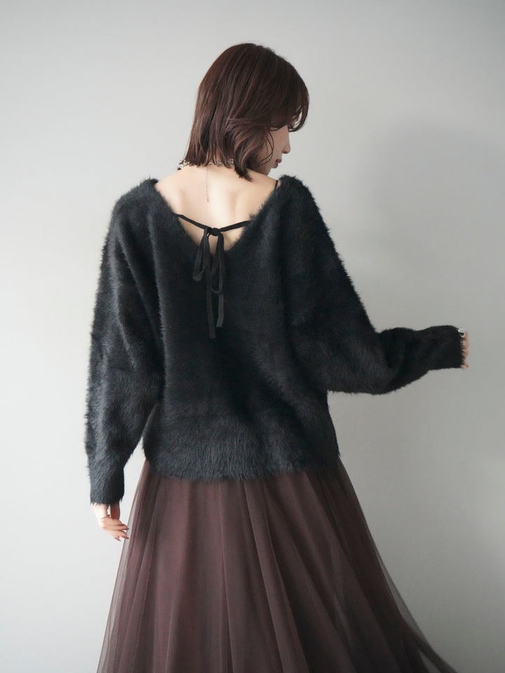[予約]バックリボンVネックシャギーニットプルオーバー/black