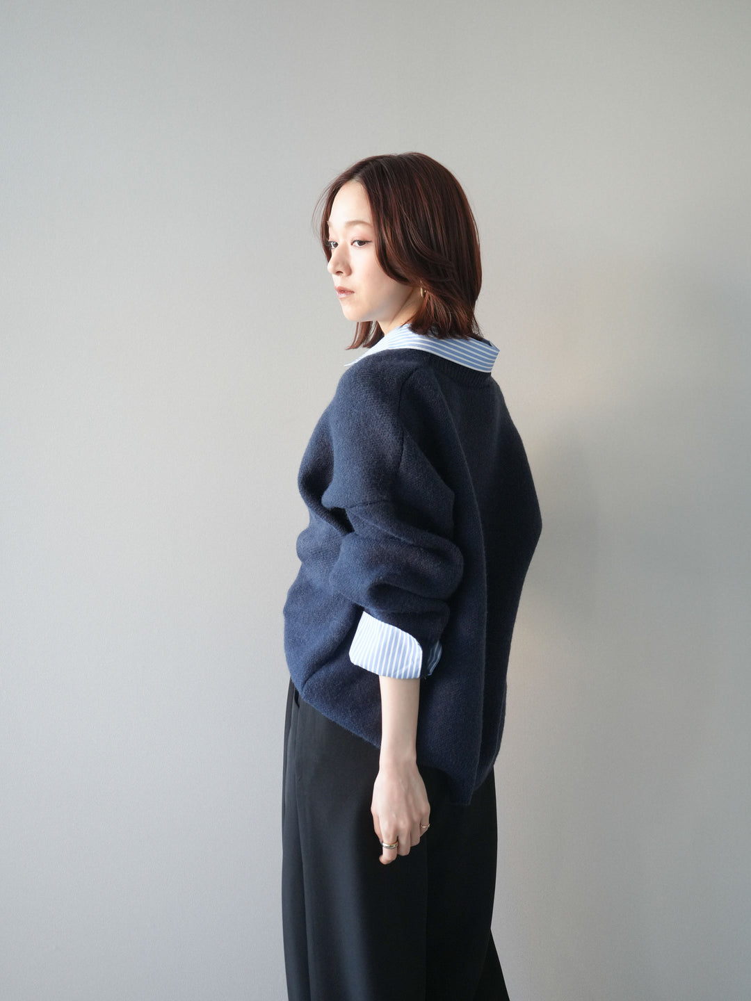 [SET]2WAYストライプ襟ニットプルオーバー+ベルトループデザインワイドパンツ(2set)