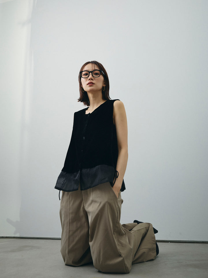 [予約]裾チュールベロアノースリーブプルオーバー/ブラック