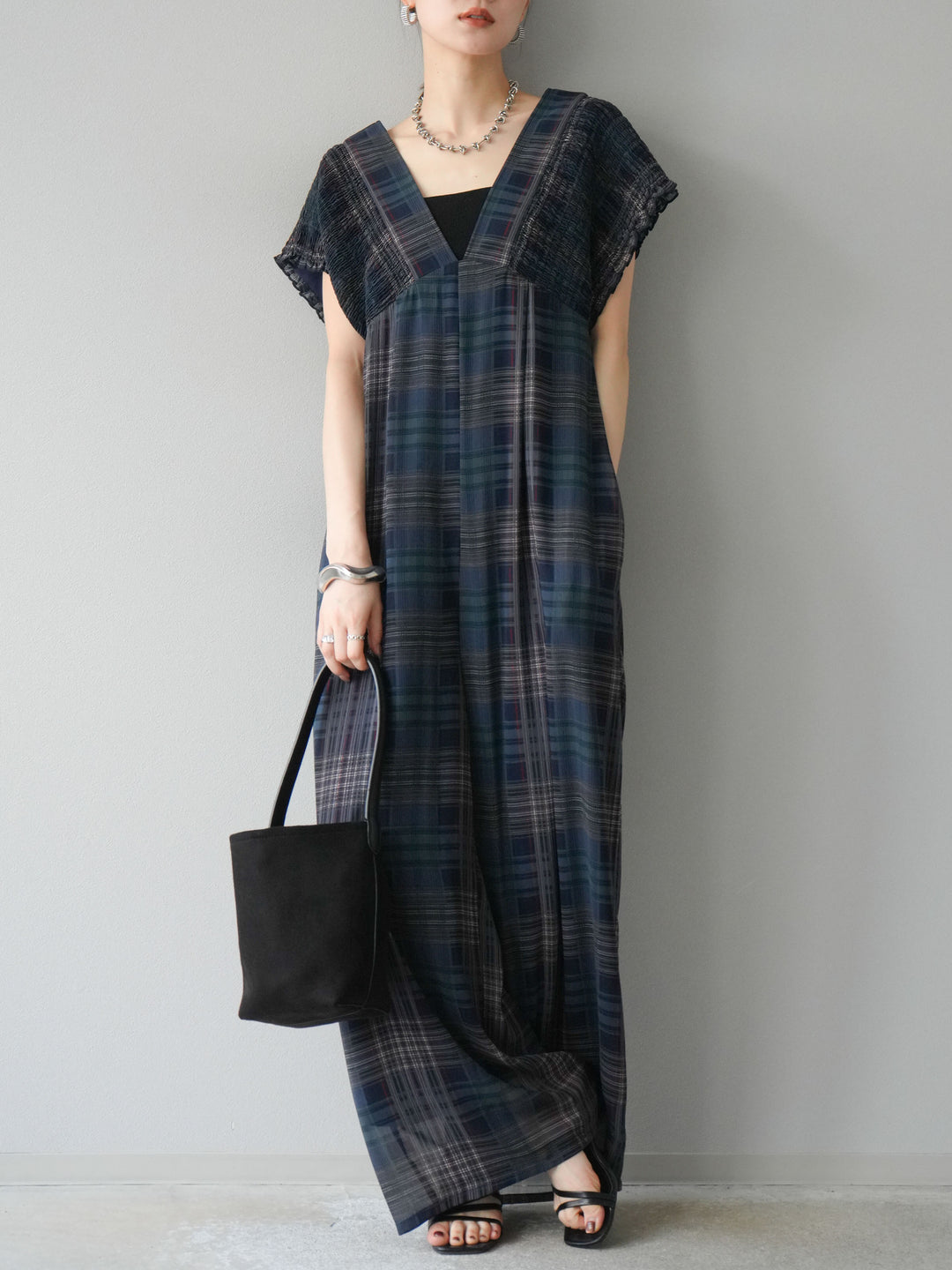 [套裝] 透視格紋褶皺背帶褲 + 配件套裝（2 套）