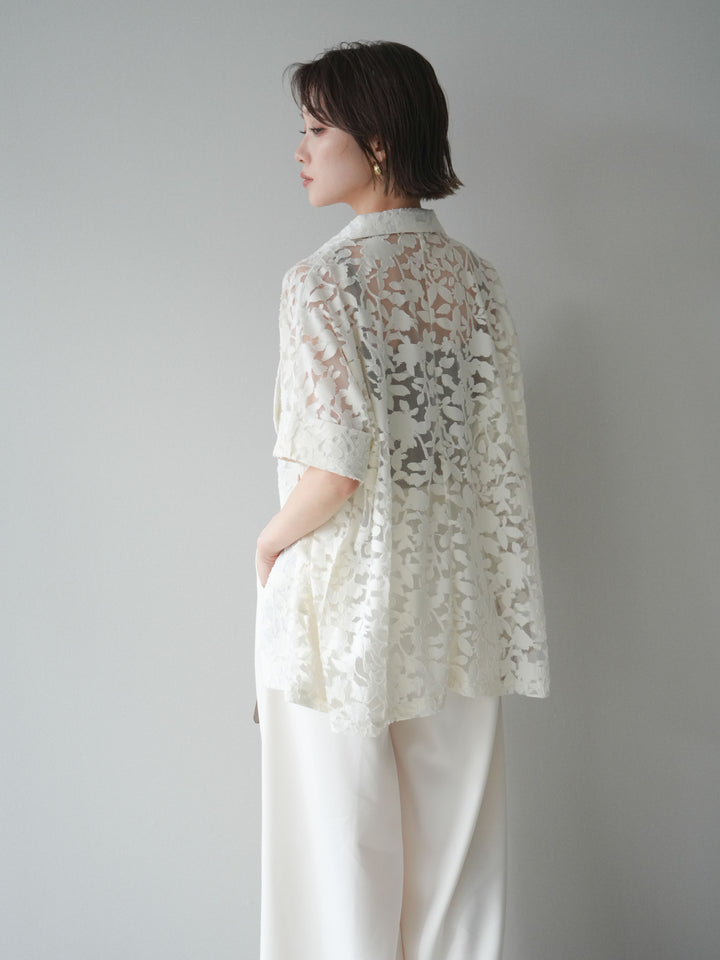 【套裝】花朵蕾絲短袖外套+垂褶收腰帶環長褲（兩件套）