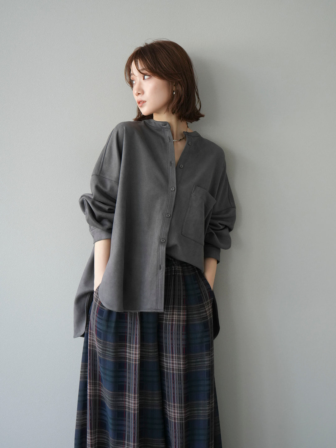 [SET]スエードバンドカラーオーバーシャツ+シアーチェックバギーパンツ(2set)