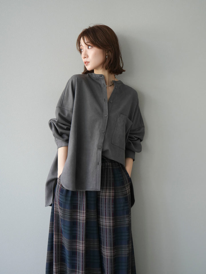 [SET]スエードバンドカラーオーバーシャツ+シアーチェックバギーパンツ(2set)