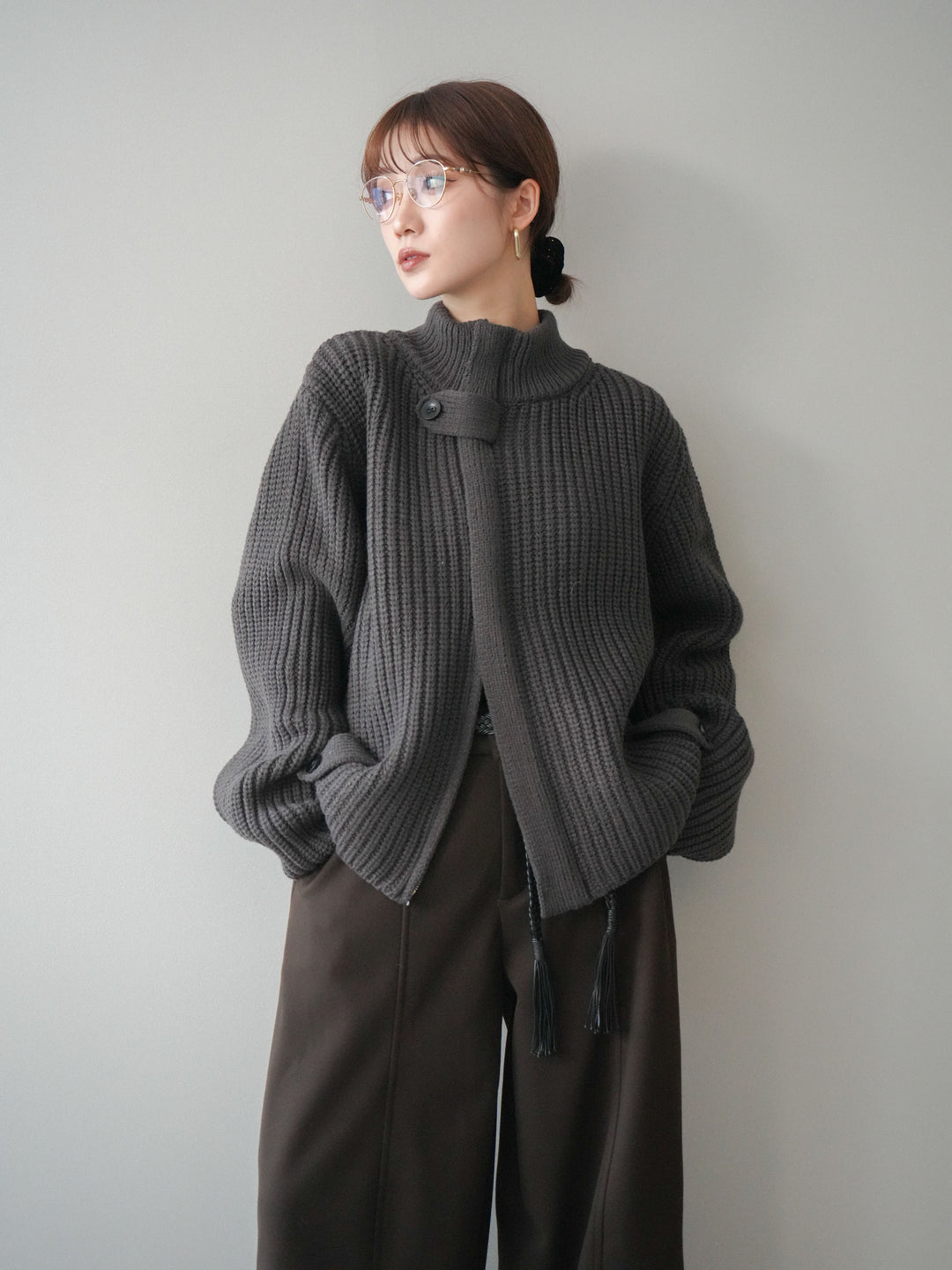 [SET]畦編みボトルネックZIPニットカーディガン+選べるアクセセット(2set)