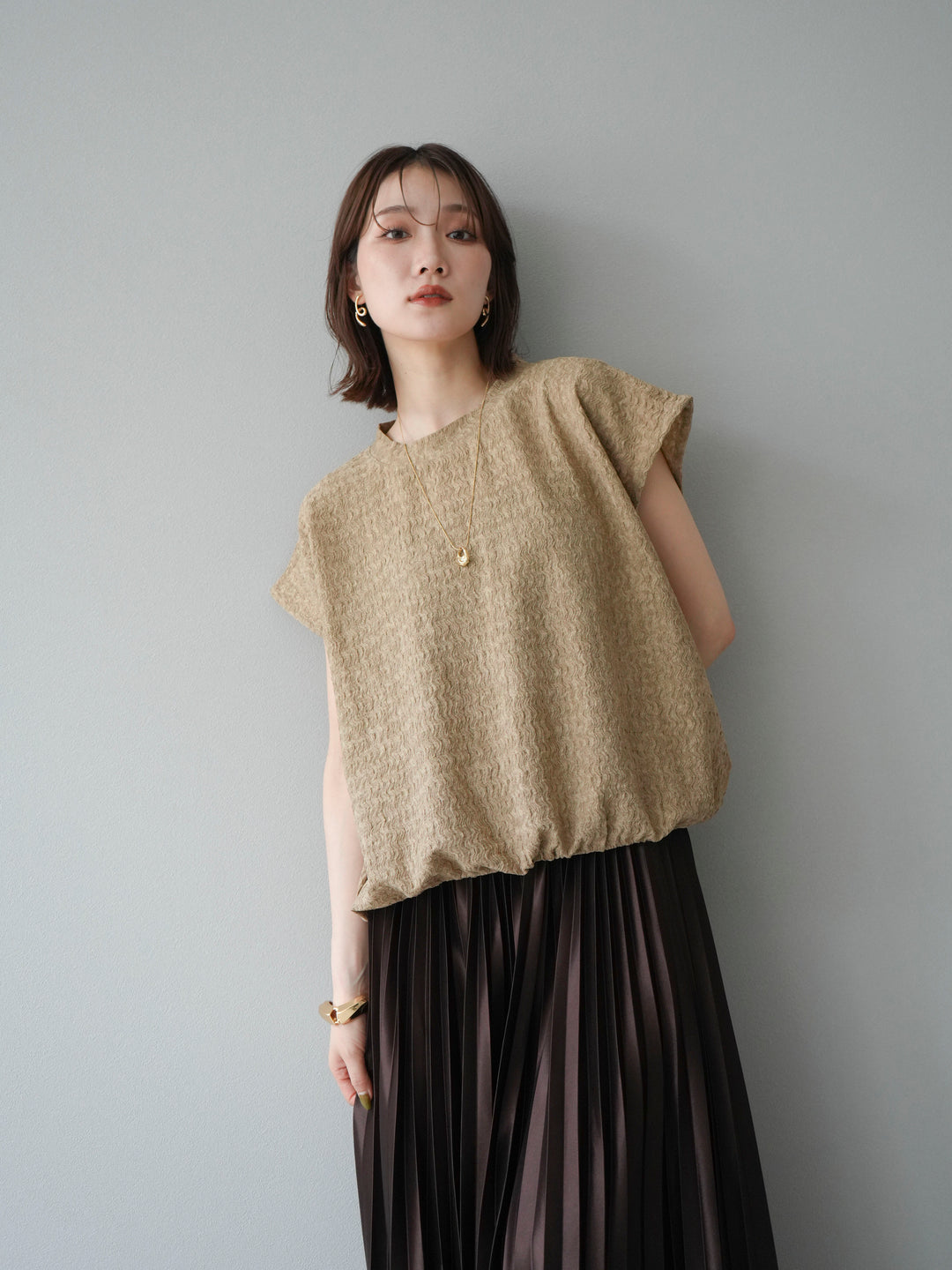 【預購】抽繩提花套頭衫/米色