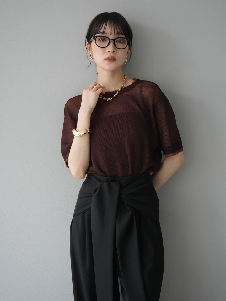 [SET]リネンタッチ配色二重臼ハーフニットトップス+ウエスト巻きデザインワイドパンツ(2set)