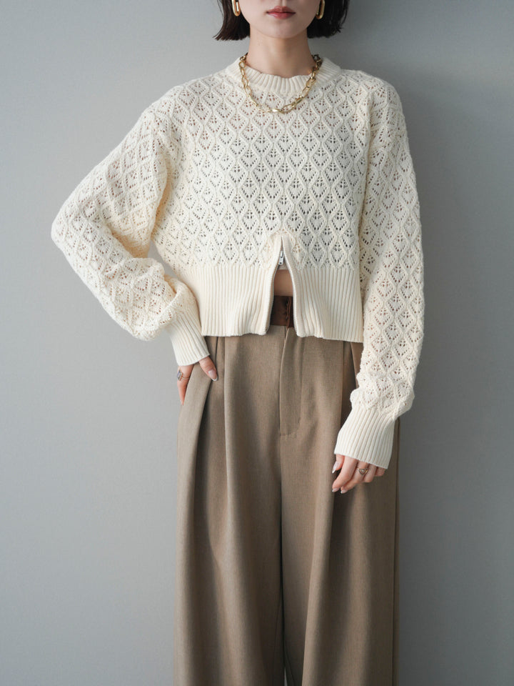 [予約]透かし編みフロントジップスリットニットプルオーバー/ivory