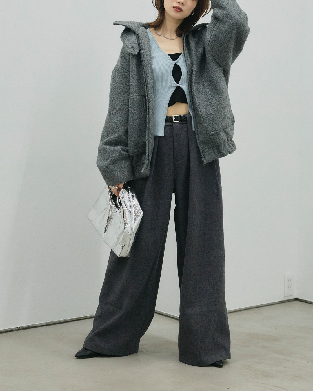 【Allure】[SET]スタンドカラーシャギーフライトジャケット+フロントツイストホールリブニットトップス+ループデザインツイルワイドパンツ(3set)