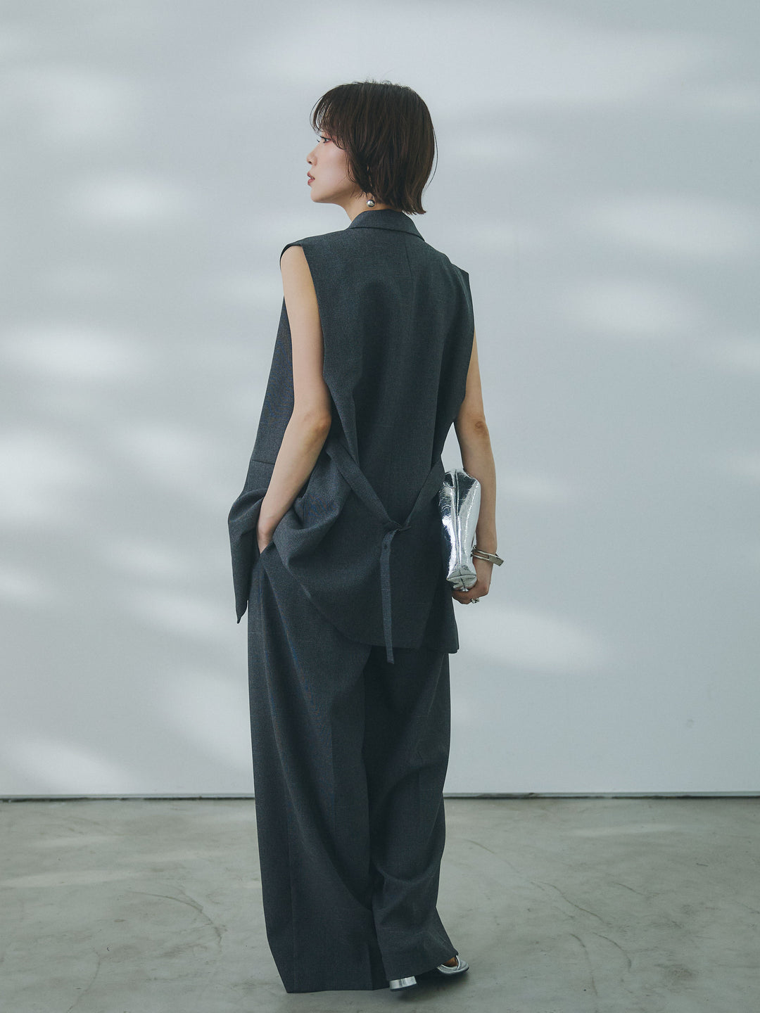 【Allure】[SET]杢調ミディ丈テーラードジレ+杢調ライトストレートパンツ(2set)