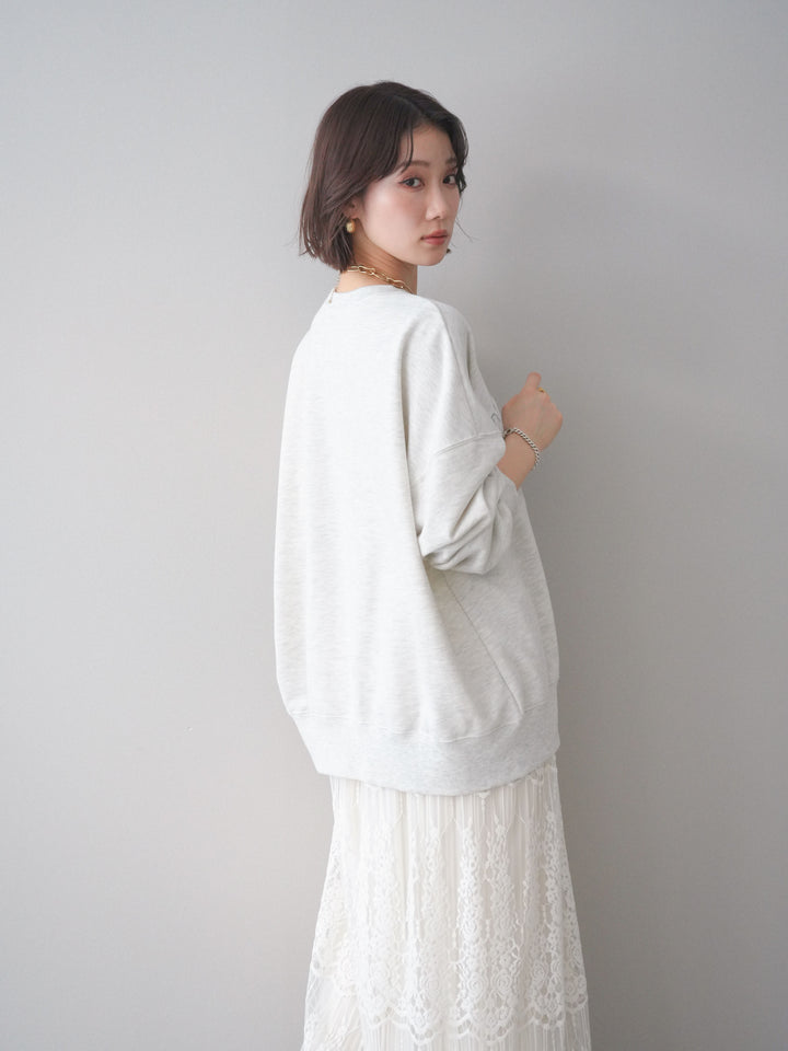 [SET]カレッジロゴ刺繍BIGスウェットプルオーバー+裏プリーツ総レースロングスカート(2set)
