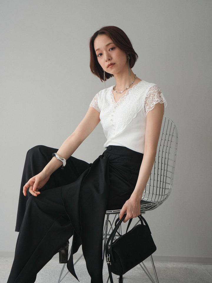 [予約]パールボタンレース切替ニットトップス/white