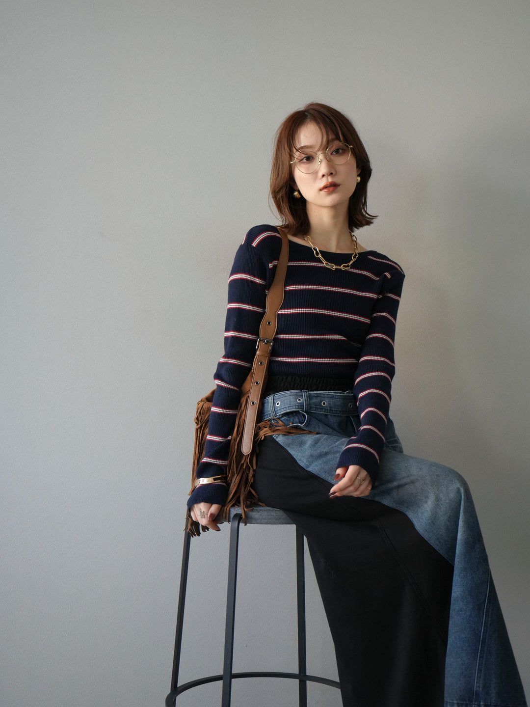 [予約]バックオープンボーダーテレコリブトップス/ネイビー