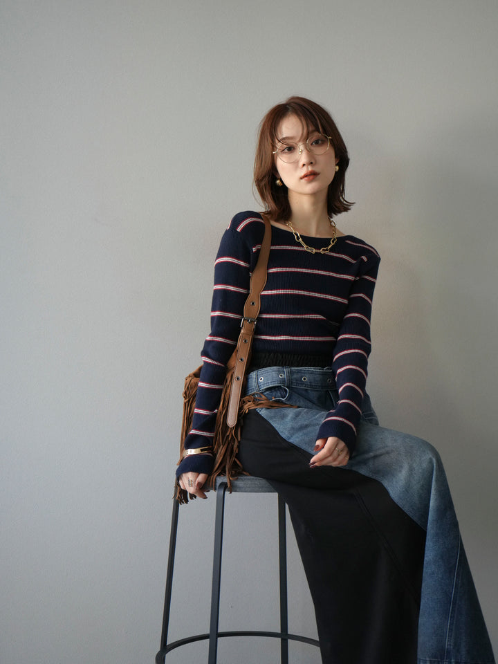 [予約]バックオープンボーダーテレコリブトップス/ネイビー