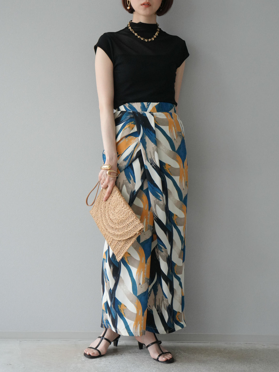 [預購] 度假風印花褶襉I字裙/藍色