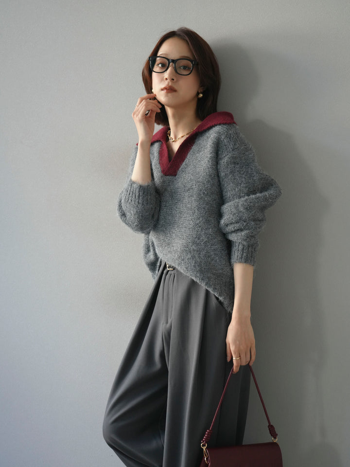 [SET]バイカラー襟付きニットプルオーバー+ベルトループデザインワイドパンツ(2set)