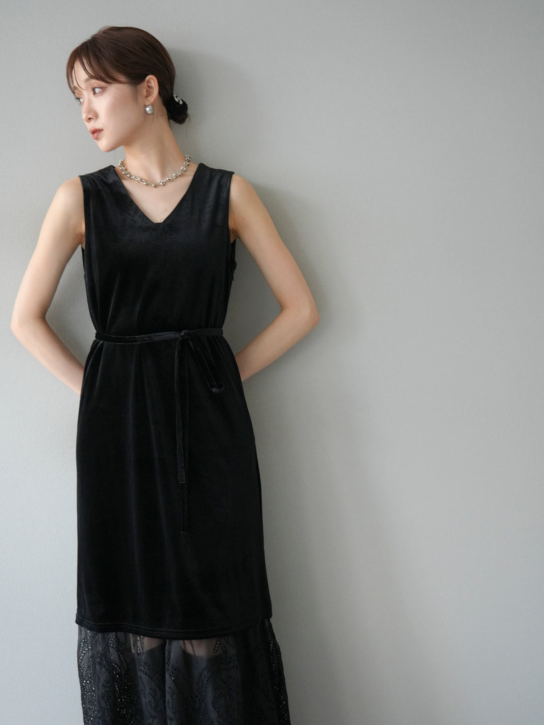 [予約]裾コットンレースベロアワンピース/ブラック