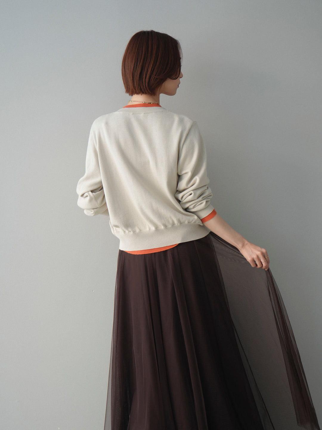 [予約]配色レイヤードコットンアクリルニットカーディガン/ivory