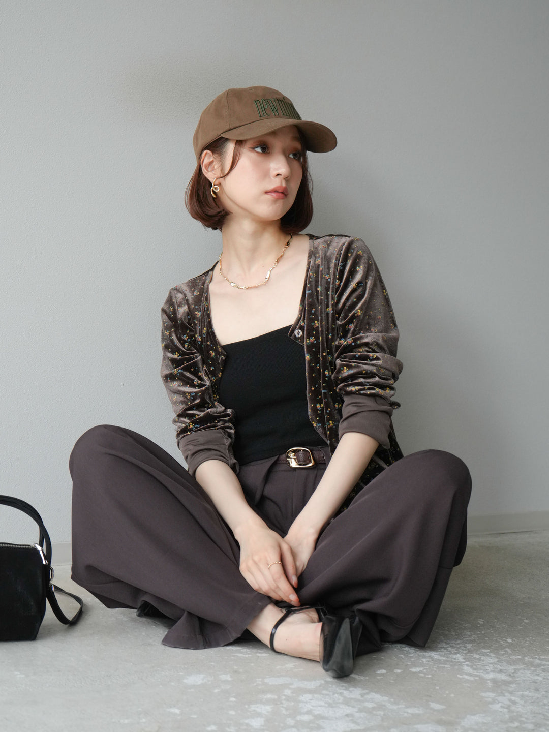 [予約]ベロアフラワープリントカーディガン/ブラウンxイエロー