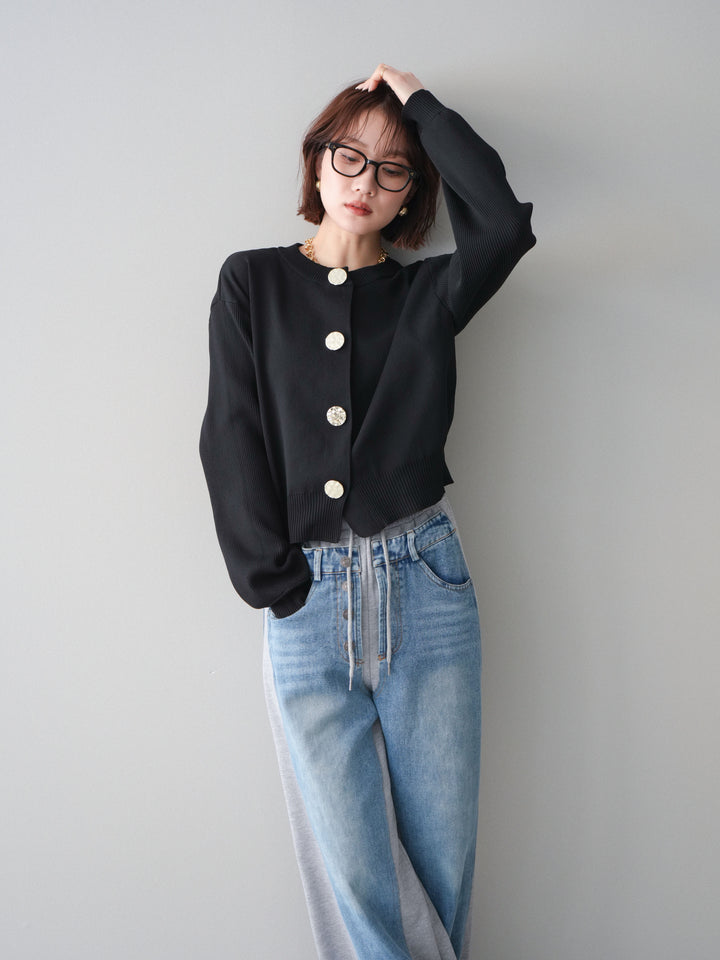 [SET]メタルボタンクルーネックニットカーディガン+デニム切替スウェットパンツ(2set)