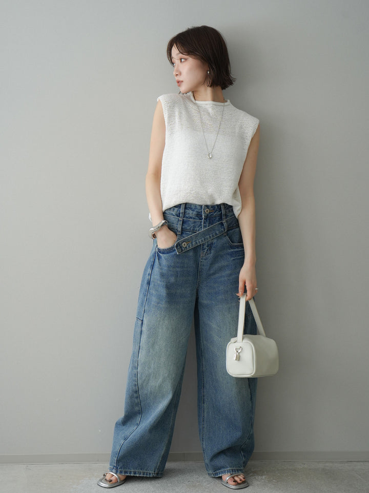 【套裝】無袖亞麻質感透視針織套頭衫 + 不對稱闊腿牛仔褲（兩件套）