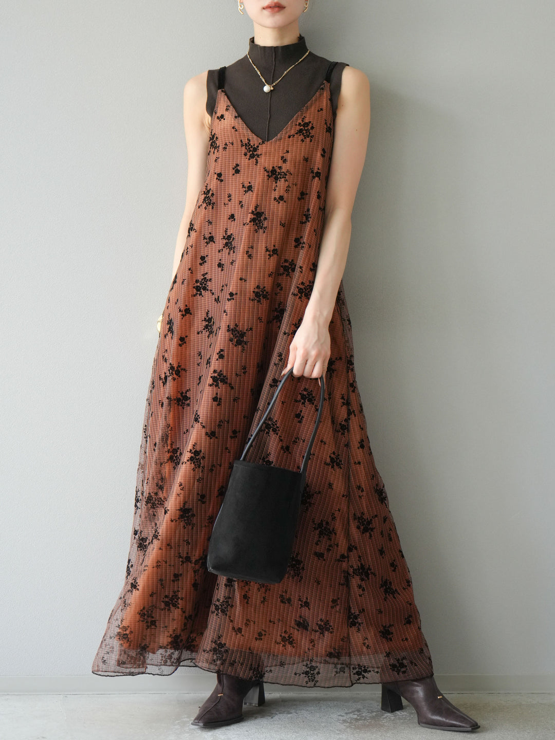 [予約]フロッキーチュールレイヤードベロアキャミワンピース/オレンジ