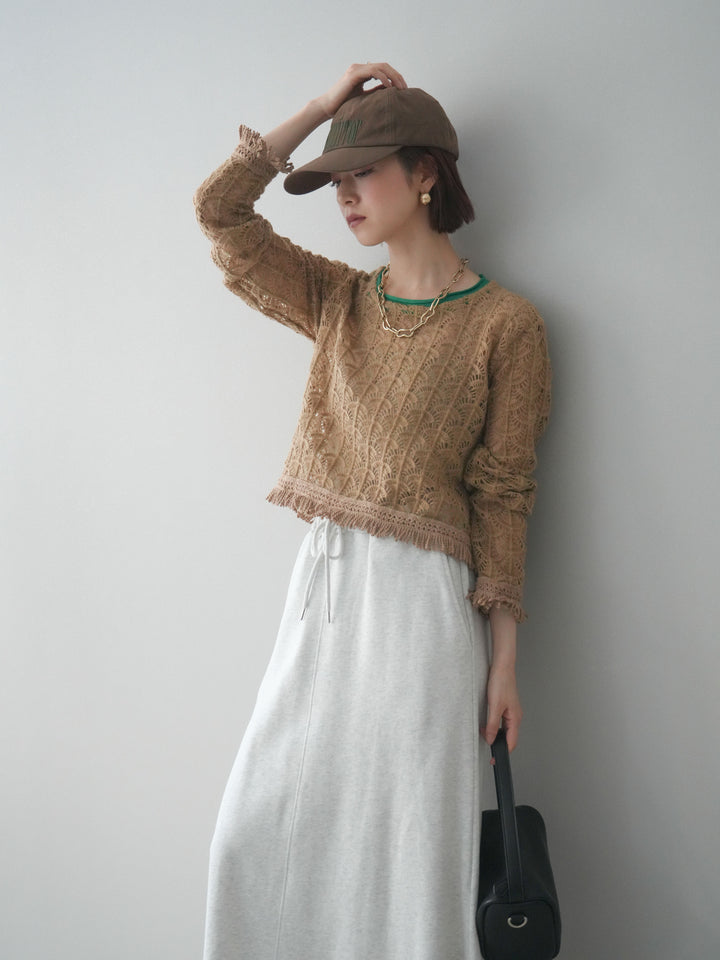 [予約]扇透かし編みクロップドニットプルオーバー/beige