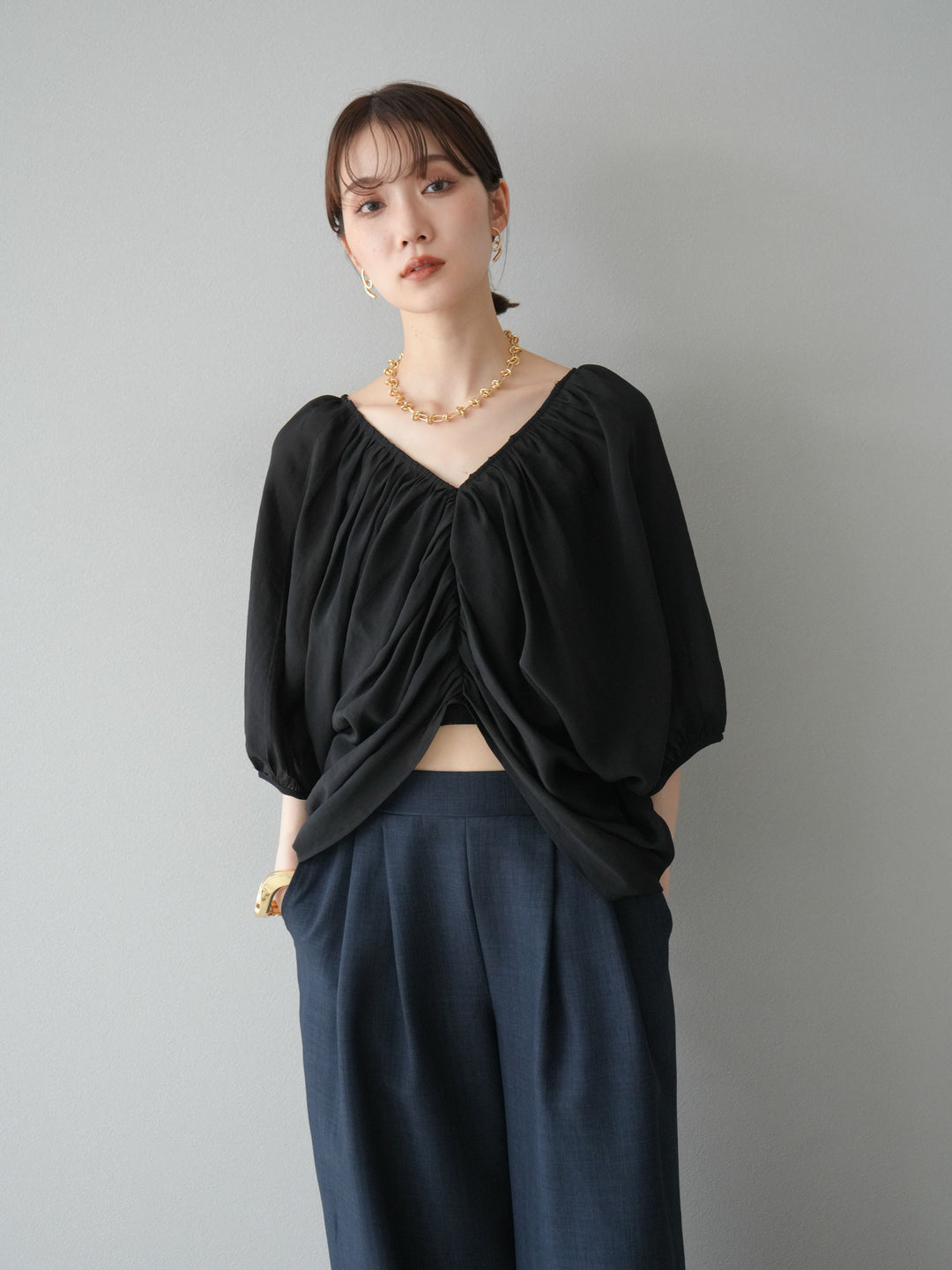 [SET]ボリュームスリーブシアータックブラウス+リネンライクイージーワイドパンツ(2set)