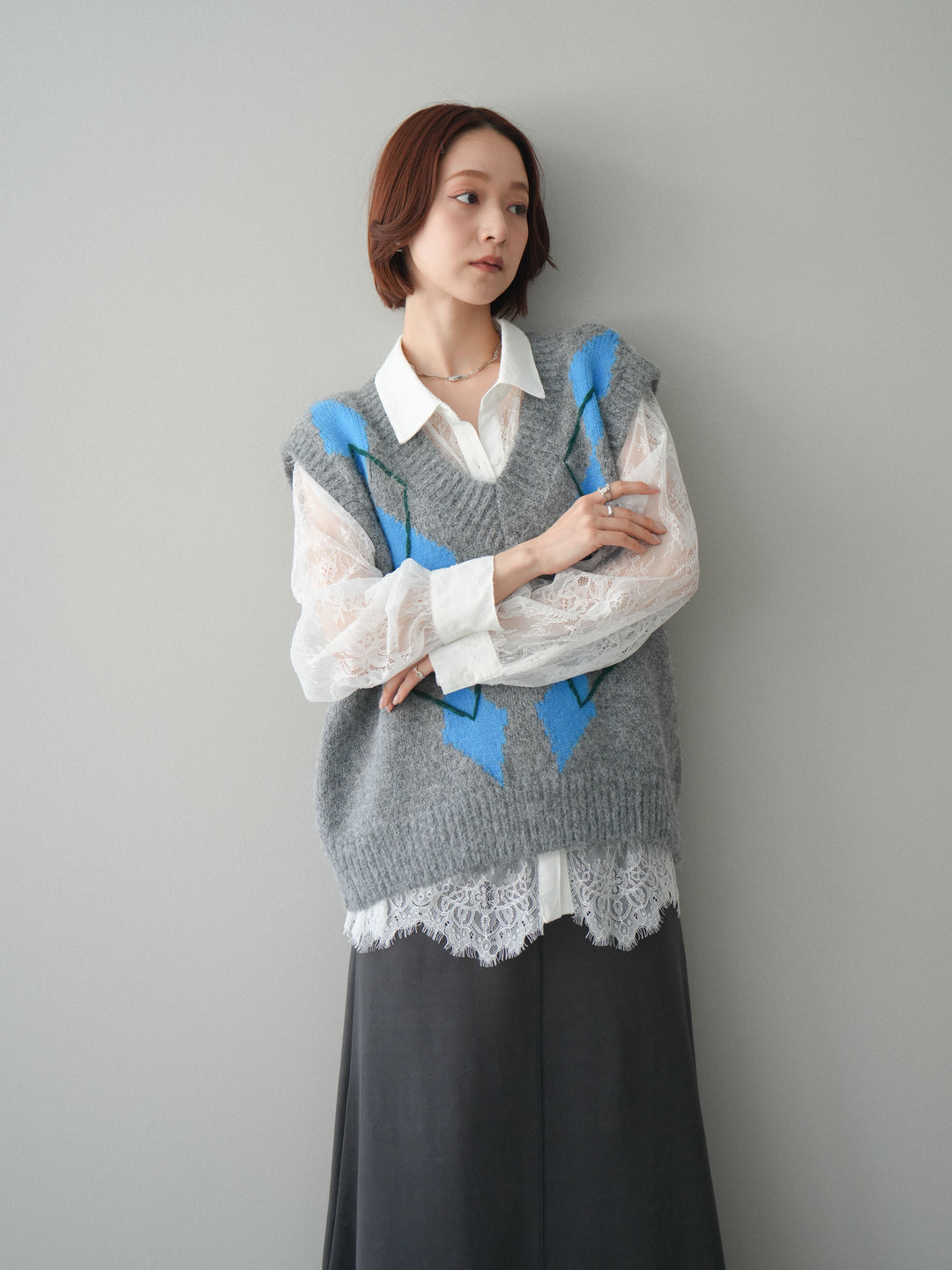 [SET]アーガイルVネックニットベスト+選べるアクセセット(2set)