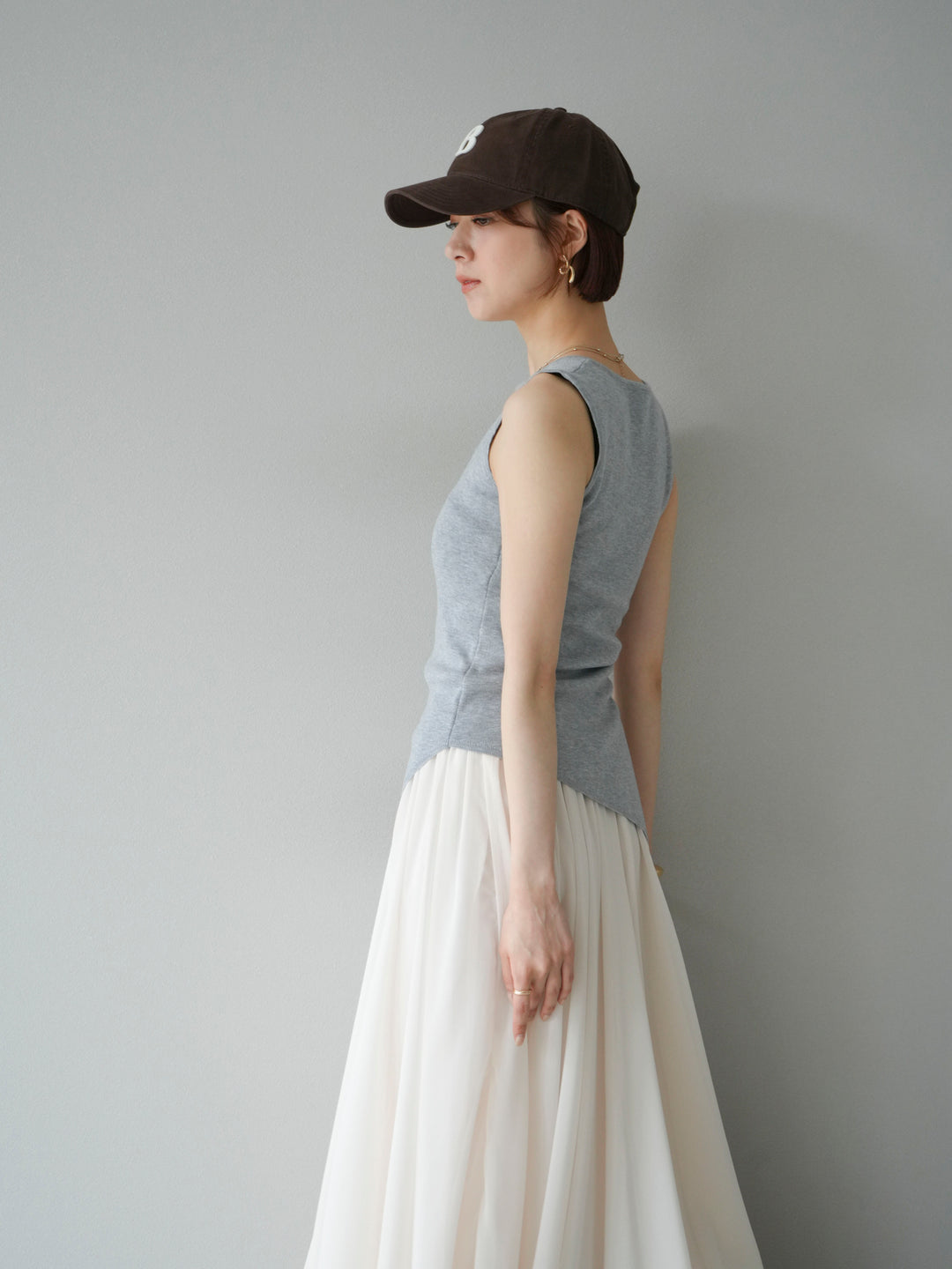 [SET]カシュクールノースリーブニットトップス+シフォンフレアスカート(2set)