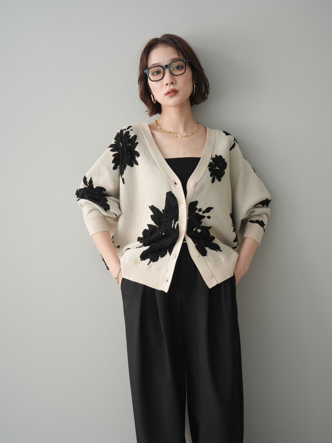 [SET]フラワージャガードニットカーディガン+フラワージャガードニットカーディガン(2set)