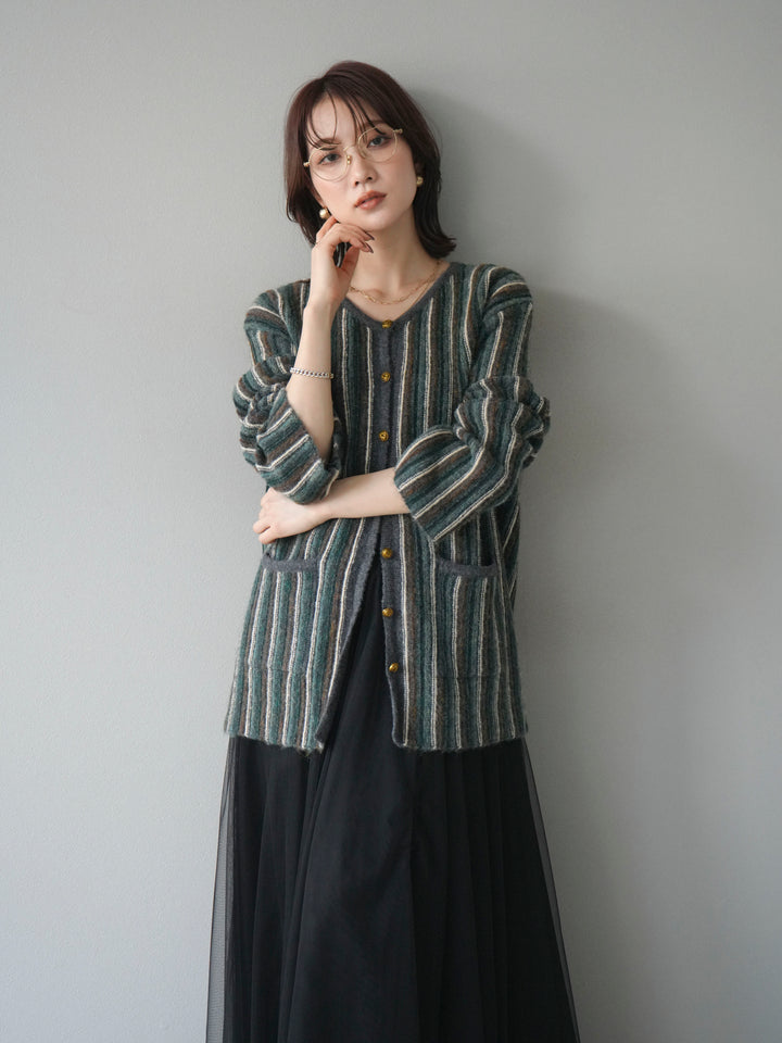 [予約]アンティークボタンストライプニットカーディガン/charcoal