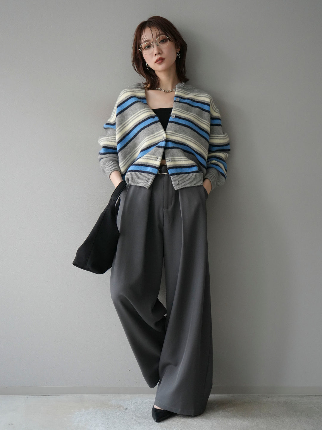 [SET]マルチボーダーニットカーディガン+ベルトループデザインワイドパンツ(2set)
