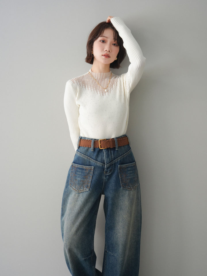 [SET]シアー切替スパンコールリブニットトップス+ベルト付ポケット刺繍カーブデニムパンツ(2set)