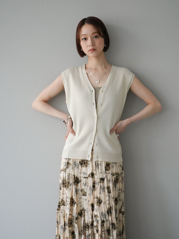 [SET] V領人造絲針織背心+花邊長裙（2件組）