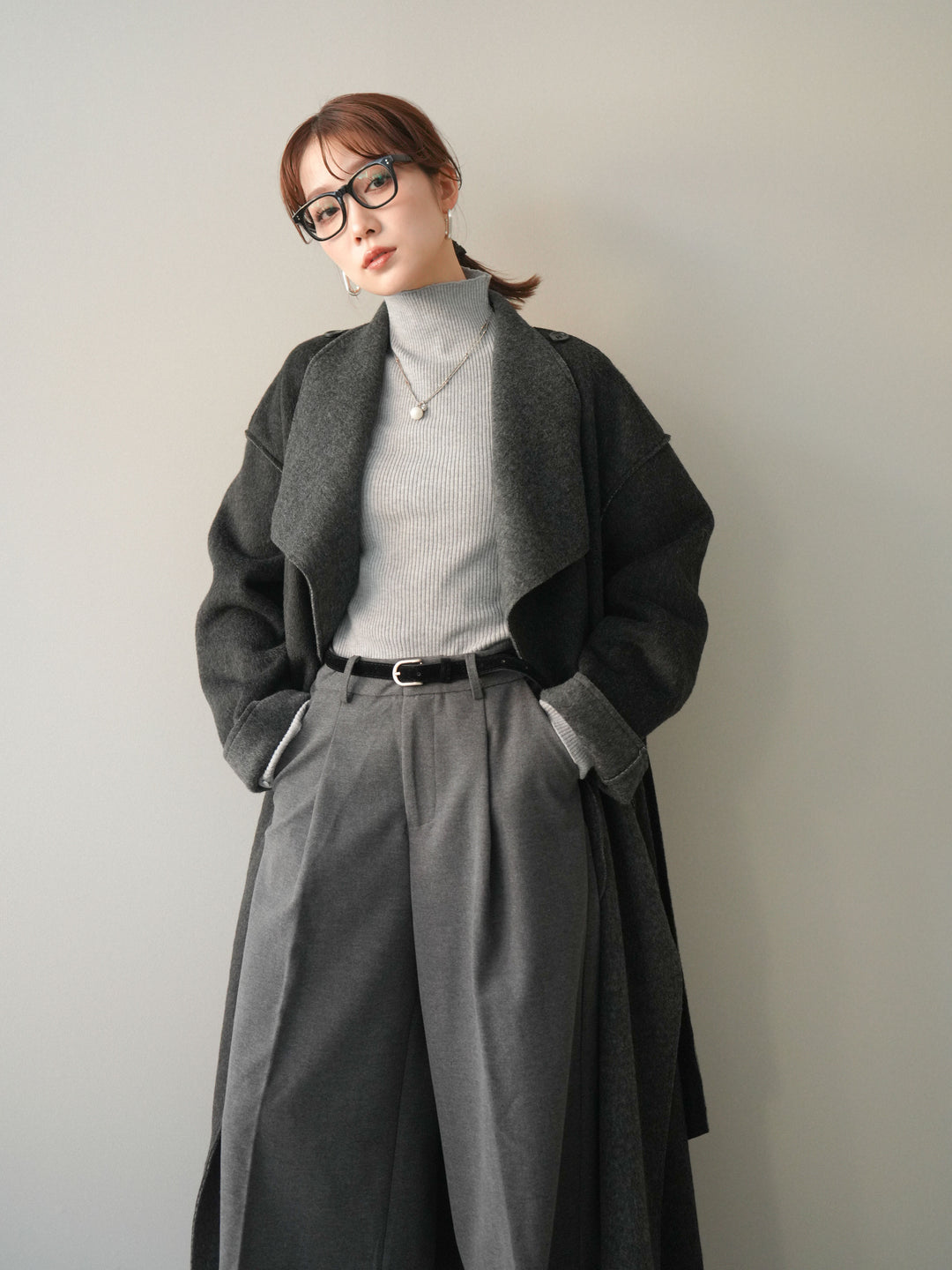 [予約]ダブルフェイスバイカラーロングコート/charcoal