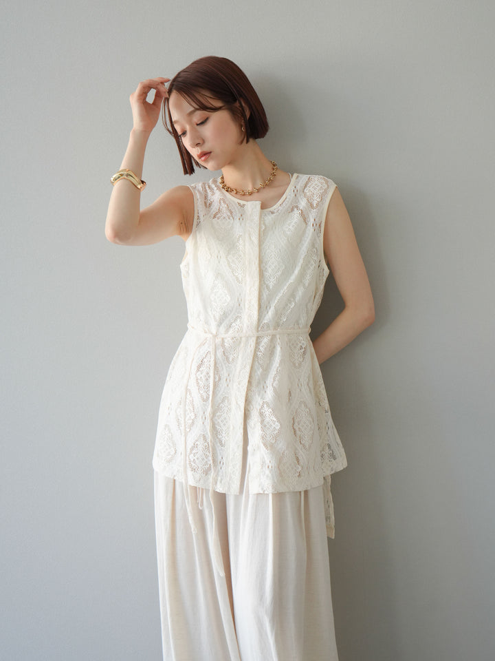 [予約]サテンパイピングレースノースリーブトップス/アイボリー