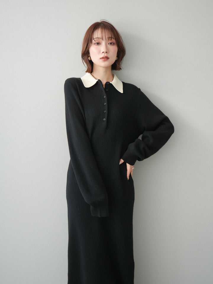 [予約]配色ポロニットワンピース/black