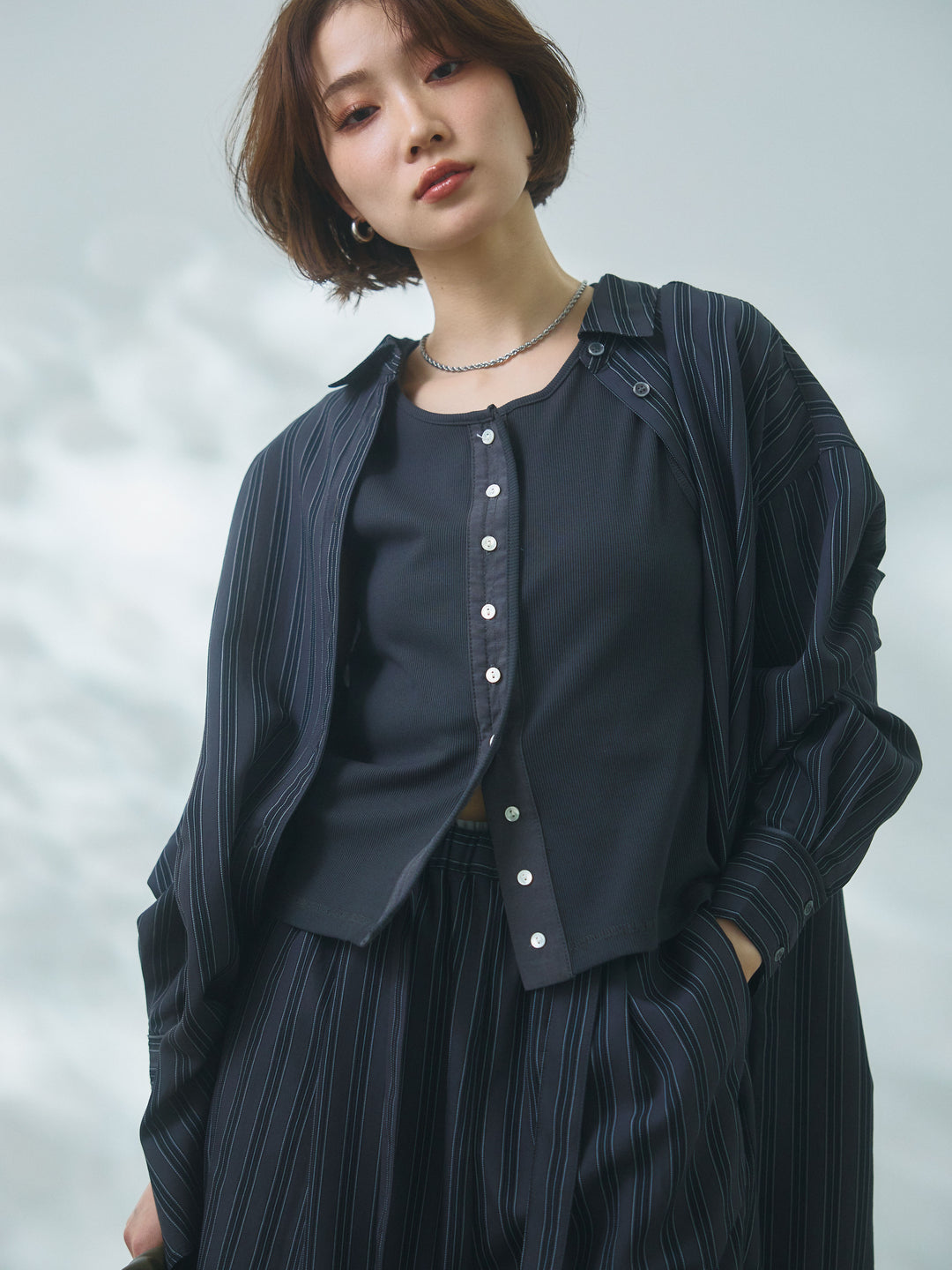 【Allure】[SET]ストライプオーバーシャツ+フロントボタンテレコリブタンクトップ(2set)