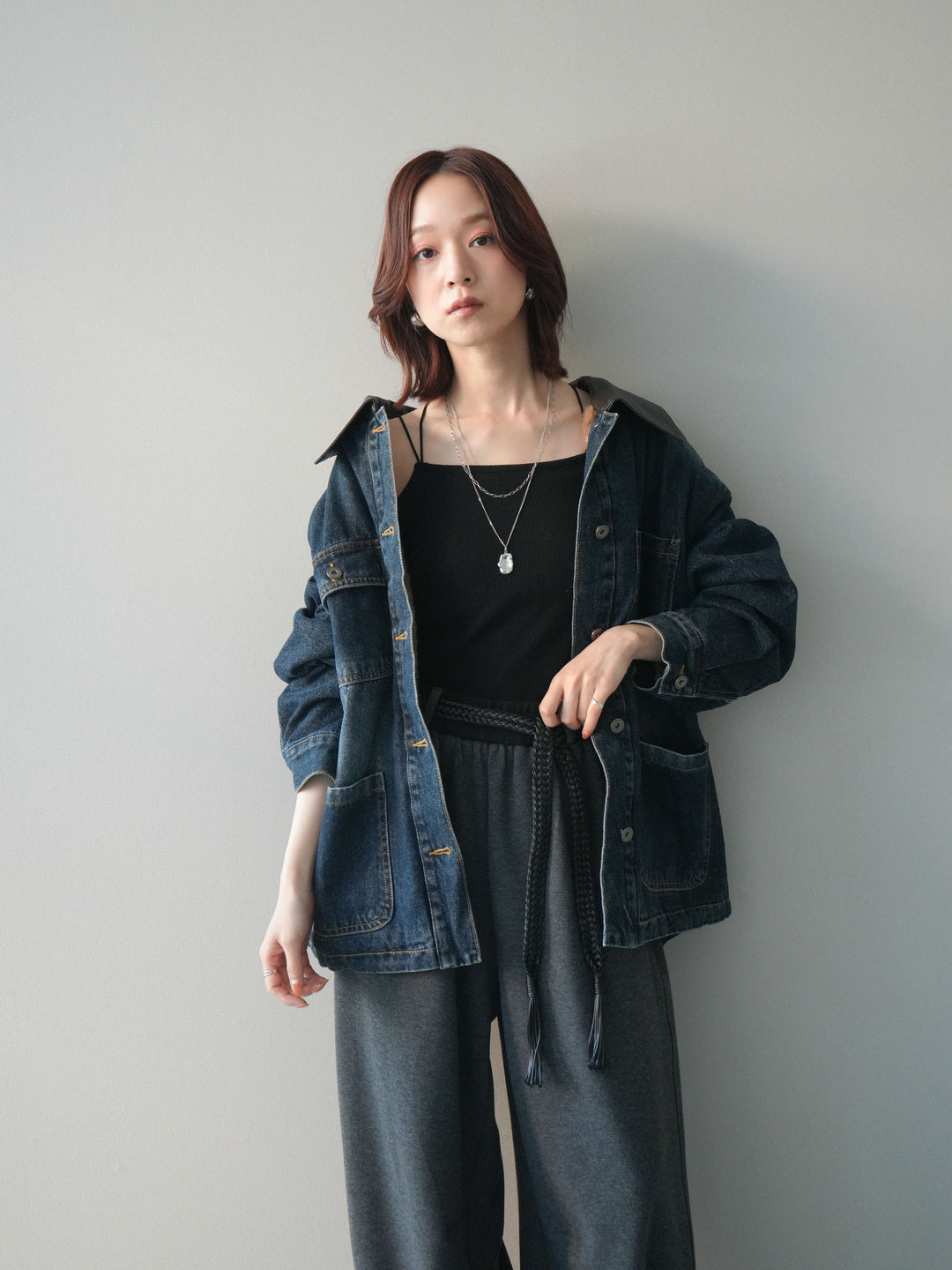 [SET]裏地ファーデニムフライトジャケット+編み込みベルト付きウエスト配色スエットパンツ(2set)